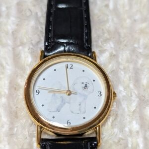 Gold Round Watch with White Bichon Frise Dial and Black Leather Strap